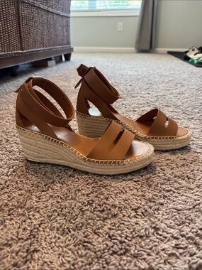 Women’s Tan Espadrille Wedge Sandals with Ankle Strap